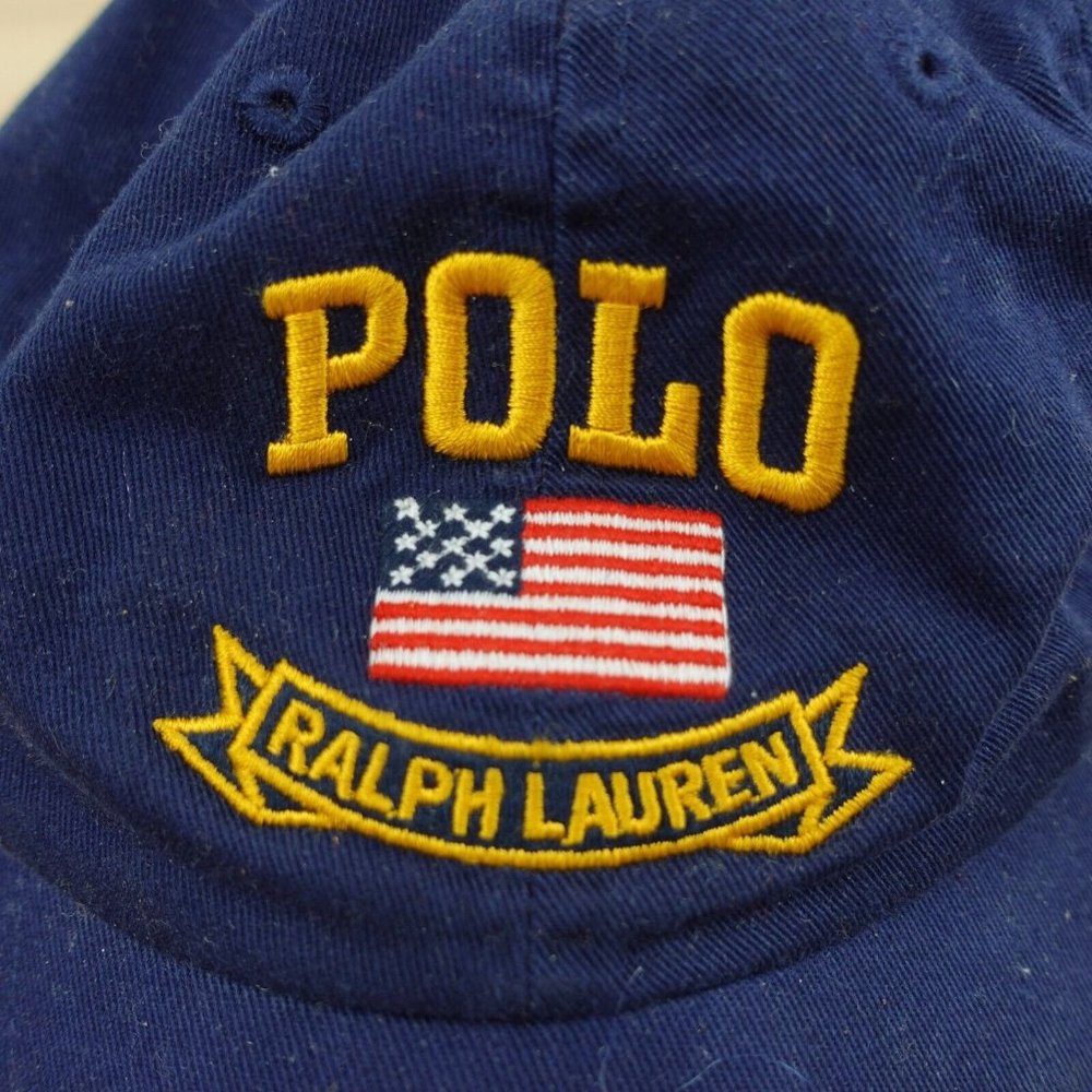 Polo Ralph Lauren Hat Mens Blue Navy Cap USA Flag Logo Pony Cotton Leather Strap - Picture 2 of 12